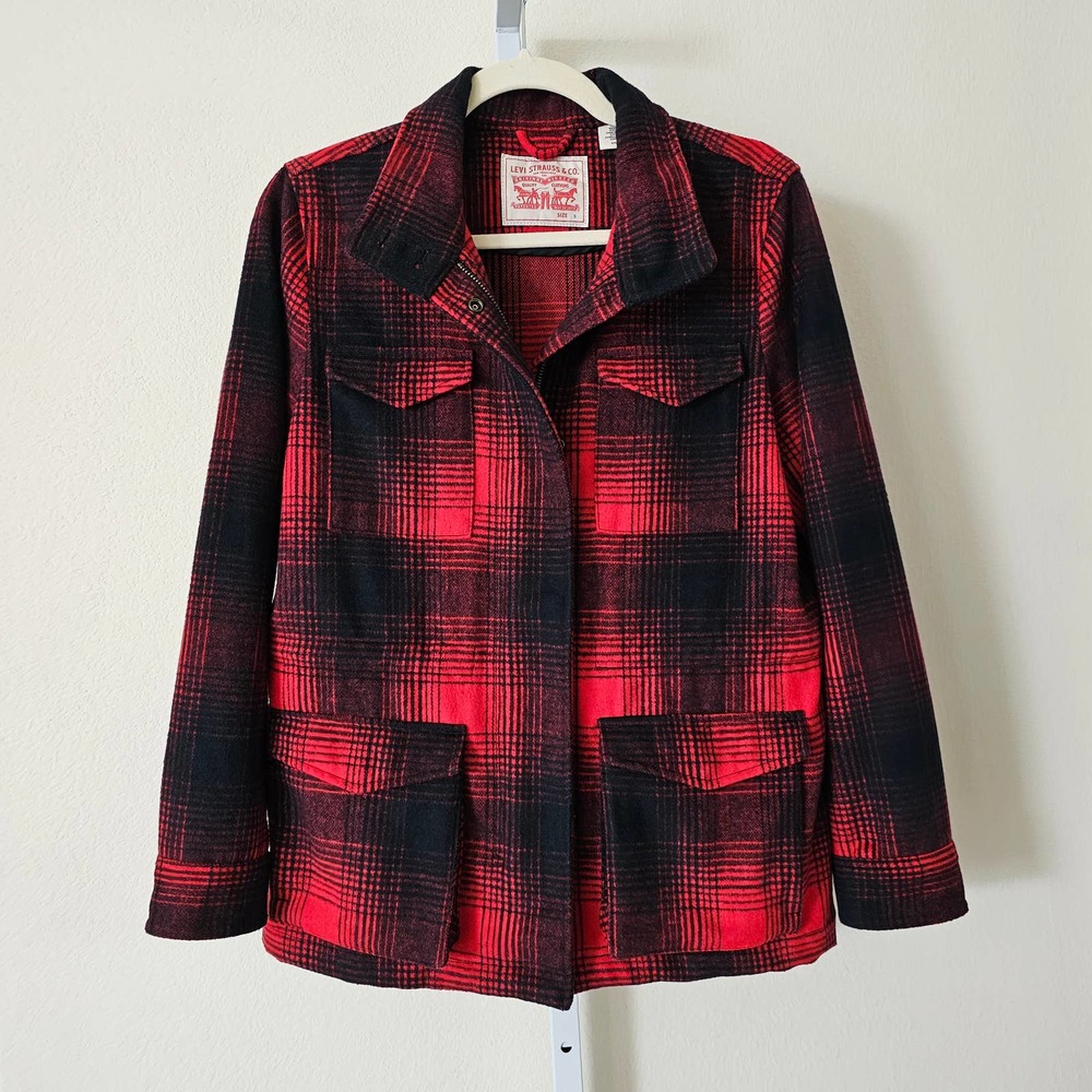 LEVI'S Women's Red & Black Plaid Wool Blend Zipper and Snap Button Jacket Sz S